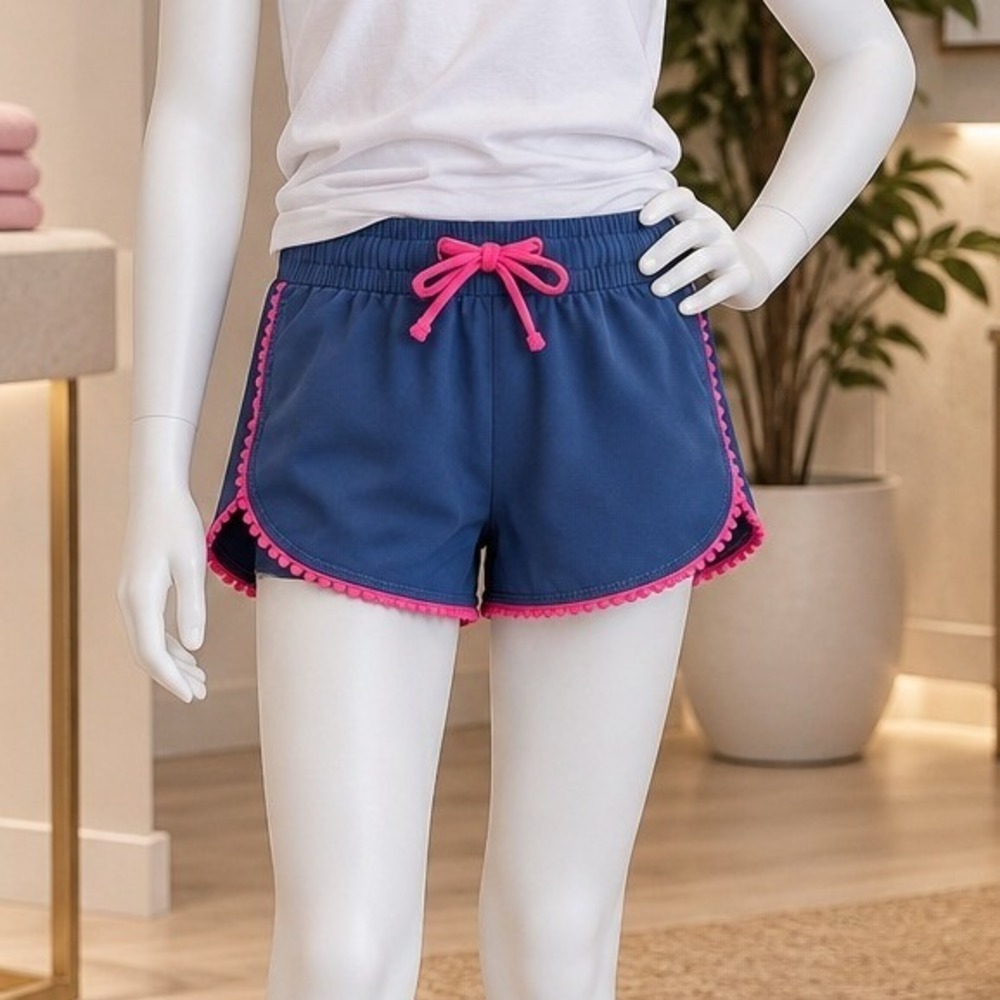 Ocean Gear Girls Navy Blue Swim Shorts UPF 50 Pink Trim Drawstring Size XS